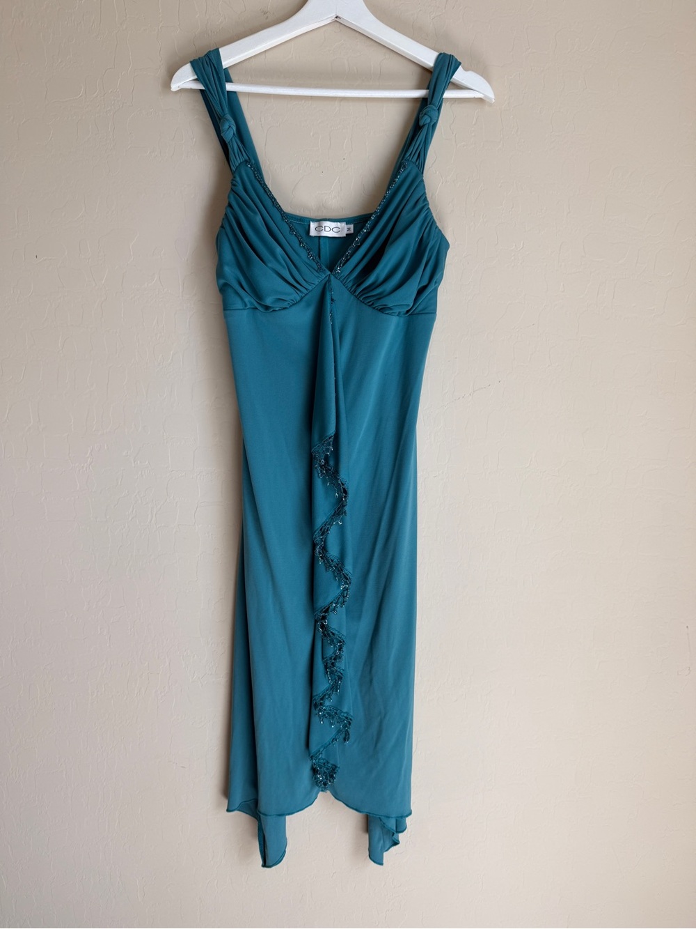 CDC Y2K Teal Aqua Beaded Crochet Trim Asymmetric Slip Dress Plunge Turquoise Med